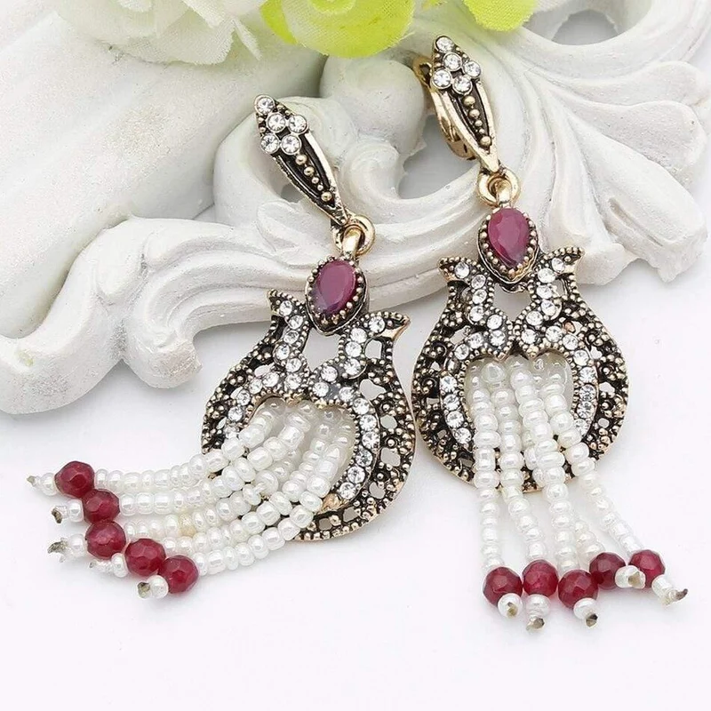 Frauen Perlen Lange Haken Blume Ohrringe Antik Gold Farbe Perlen Quasten Braut Ohrringe Indien Hochzeit Schmuck