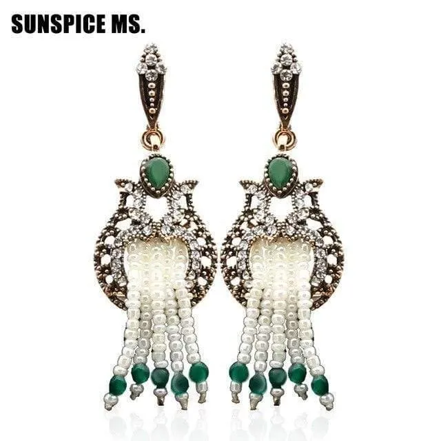 Frauen Perlen Lange Haken Blume Ohrringe Antik Gold Farbe Perlen Quasten Braut Ohrringe Indien Hochzeit Schmuck