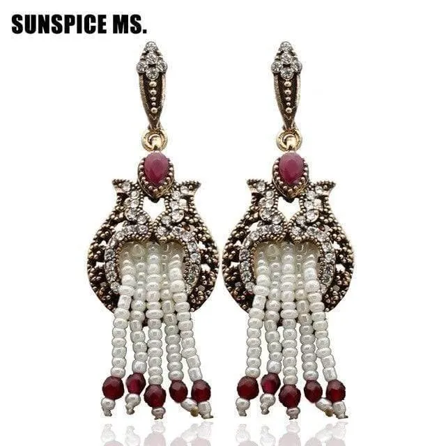 Frauen Perlen Lange Haken Blume Ohrringe Antik Gold Farbe Perlen Quasten Braut Ohrringe Indien Hochzeit Schmuck