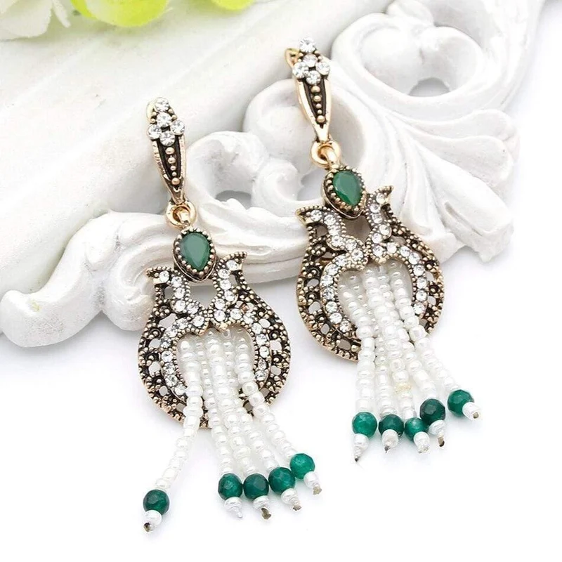 Frauen Perlen Lange Haken Blume Ohrringe Antik Gold Farbe Perlen Quasten Braut Ohrringe Indien Hochzeit Schmuck