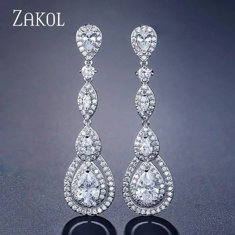 Lange baumelnde Wassertropfen-Ohrringe mit kubischem Zirkon für elegante Frauen, Brautschmuck, Hochzeitskleid, FSEP2114