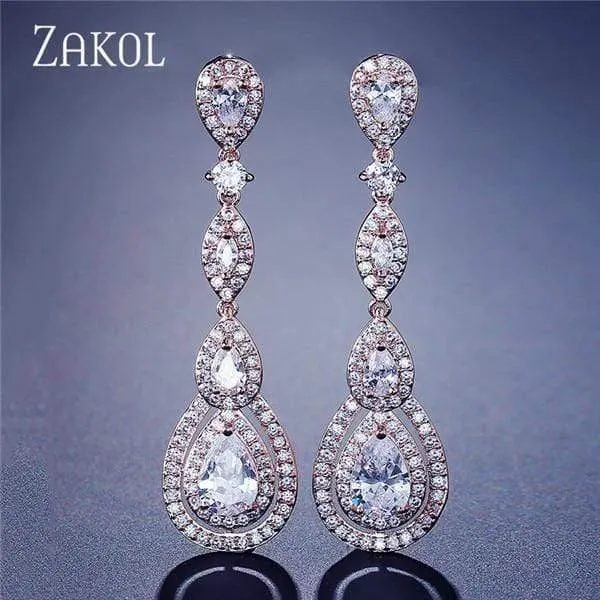 Lange baumelnde Wassertropfen-Ohrringe mit kubischem Zirkon für elegante Frauen, Brautschmuck, Hochzeitskleid, FSEP2114