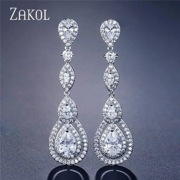Lange baumelnde Wassertropfen-Ohrringe mit kubischem Zirkon für elegante Frauen, Brautschmuck, Hochzeitskleid, FSEP2114