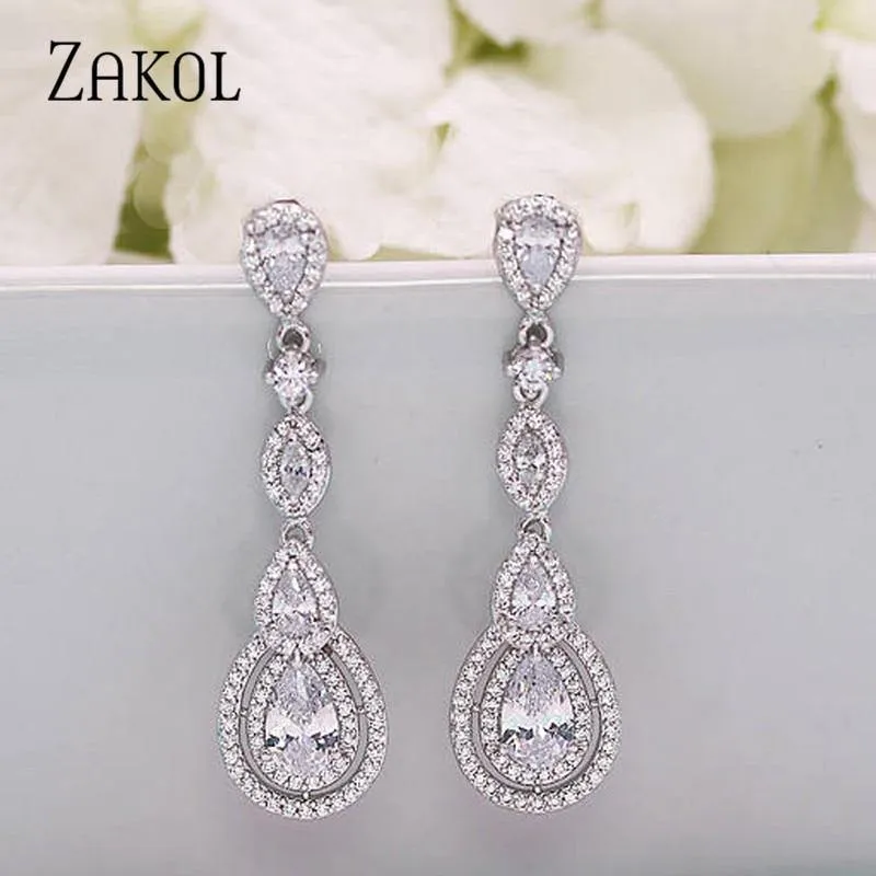 Lange baumelnde Wassertropfen-Ohrringe mit kubischem Zirkon für elegante Frauen, Brautschmuck, Hochzeitskleid, FSEP2114
