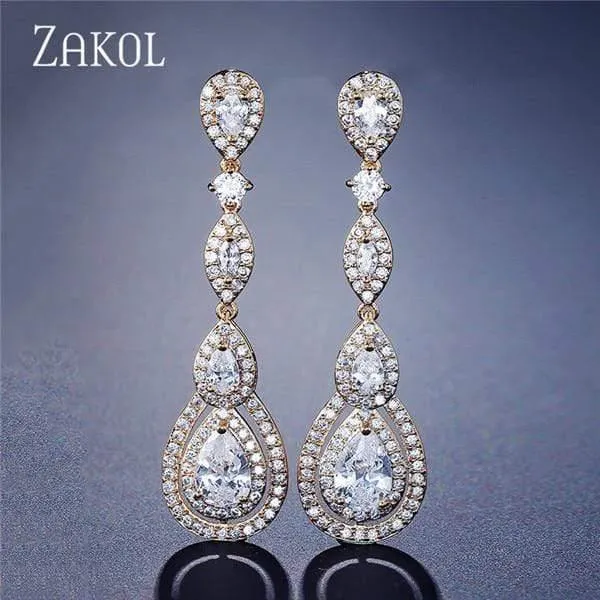 Lange baumelnde Wassertropfen-Ohrringe mit kubischem Zirkon für elegante Frauen, Brautschmuck, Hochzeitskleid, FSEP2114