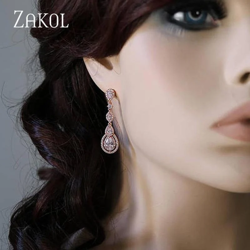 Lange baumelnde Wassertropfen-Ohrringe mit kubischem Zirkon für elegante Frauen, Brautschmuck, Hochzeitskleid, FSEP2114