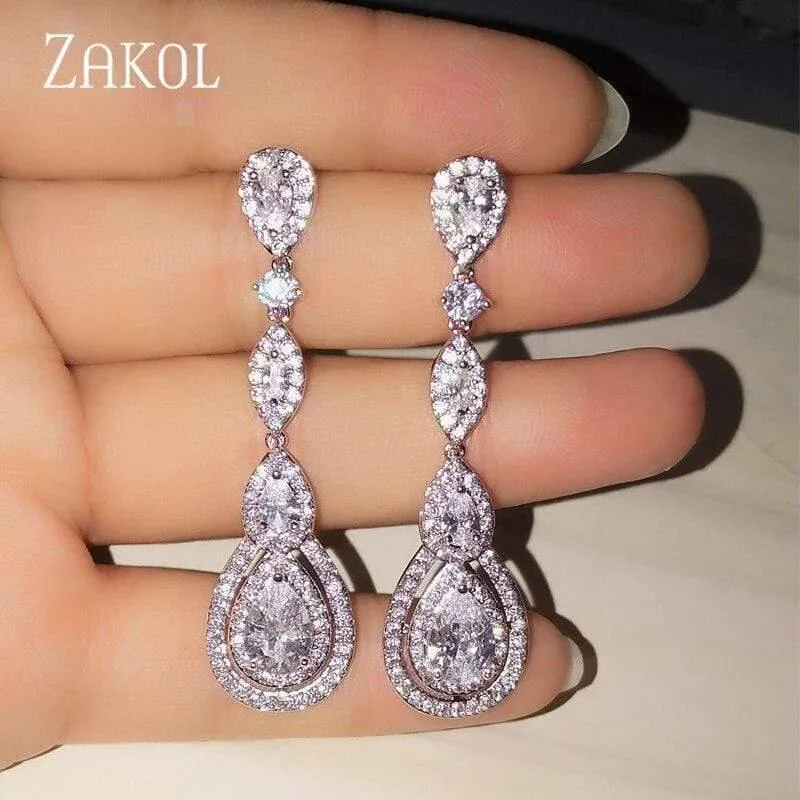 Lange baumelnde Wassertropfen-Ohrringe mit kubischem Zirkon für elegante Frauen, Brautschmuck, Hochzeitskleid, FSEP2114