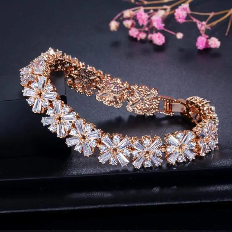 Frauen Modeschmuck Wunderschöne Silber Farbe Frühlingsblume Zirkonia Verbunden Tennis Armband für Hochzeit CB010