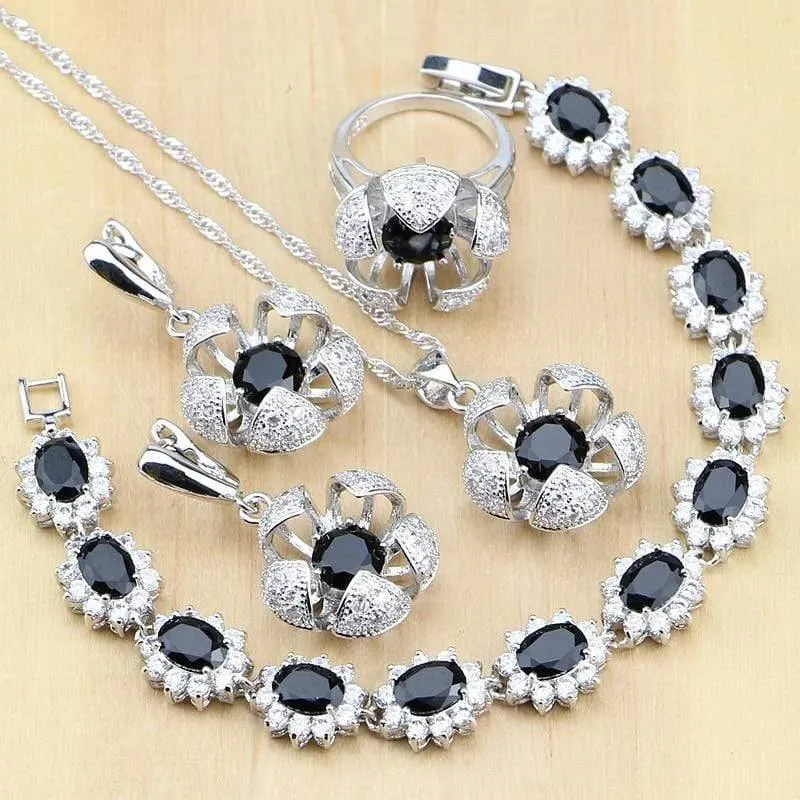 925 Sterling Silber Schmuck Schwarz Weiß CZ Schmucksets Für Frauen Ohrringe/Anhänger/Ringe/Armband/Halskette Set