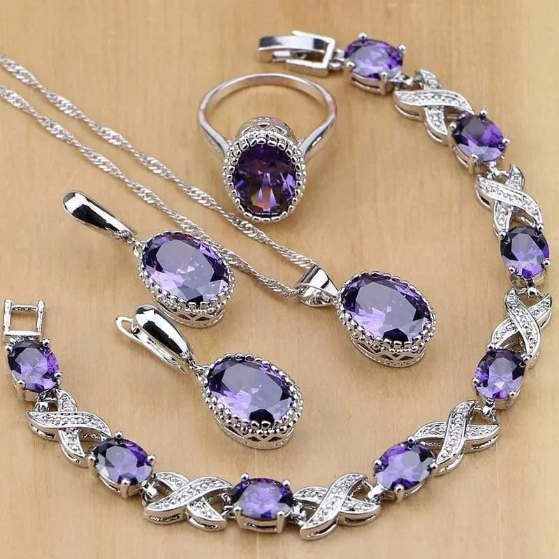 Schmuck Lila Zirkonia Weiß Kristall Schmuck Sets Für Frauen Ohrringe / Anhänger / Halskette / Ringe / Armband