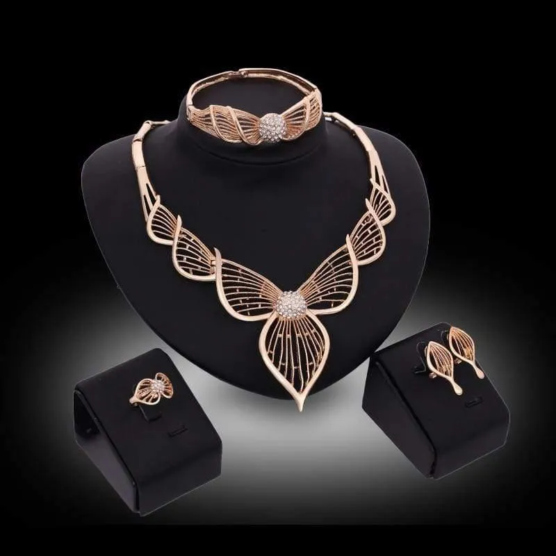 Halskette Ohrringe Armreif Ring Sets Goldfarbe Kristall Hochzeit Brautschmuck Sets