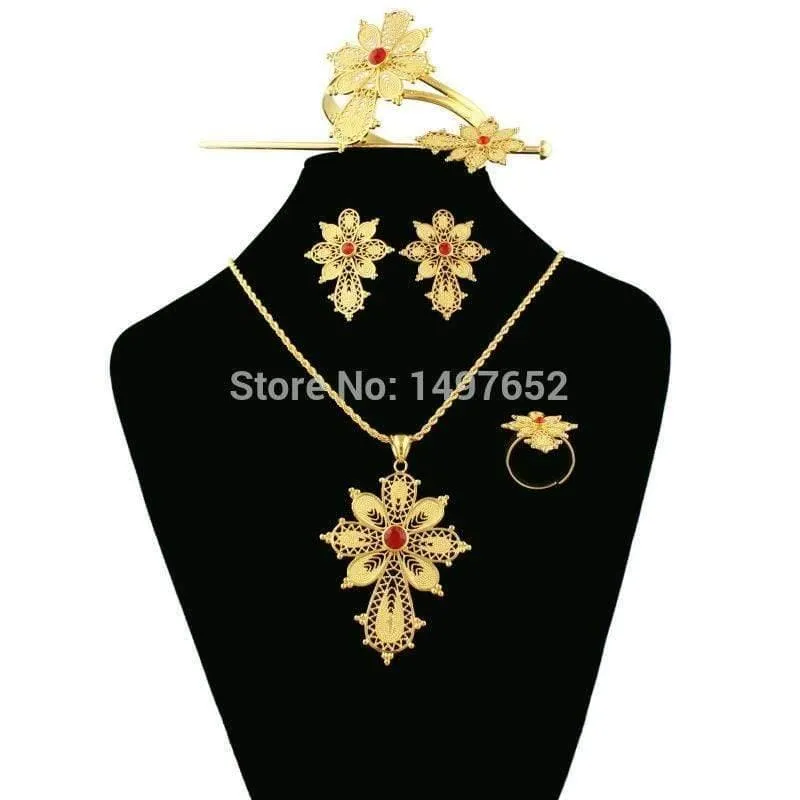 Halskette/Anhänger/Armreif/Ohrring/Ring/Haarnadel. Goldfarbener Habesha-Schmuck, afrikanische Brautschmuck-Sets