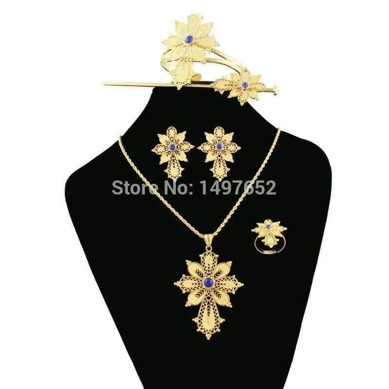 Halskette/Anhänger/Armreif/Ohrring/Ring/Haarnadel. Goldfarbener Habesha-Schmuck, afrikanische Brautschmuck-Sets