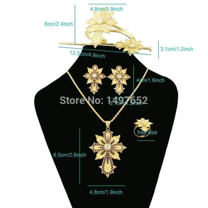 Halskette/Anhänger/Armreif/Ohrring/Ring/Haarnadel. Goldfarbener Habesha-Schmuck, afrikanische Brautschmuck-Sets
