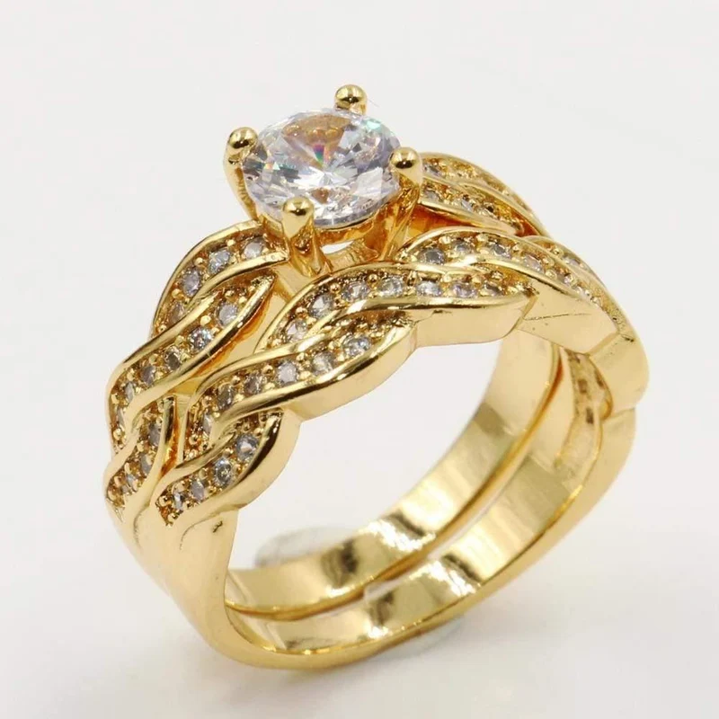 18KT Gold Fill Round Cut weiß klar 5A Zirkonia Bridal Ring Eternity Hochzeitspaar Ringe