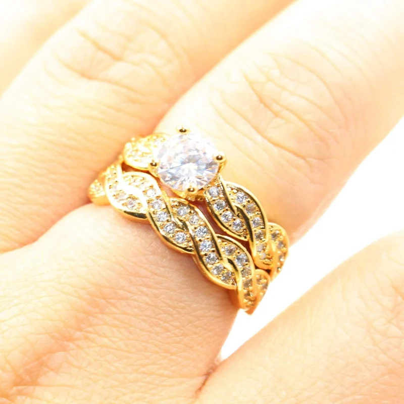 18KT Gold Fill Round Cut weiß klar 5A Zirkonia Bridal Ring Eternity Hochzeitspaar Ringe
