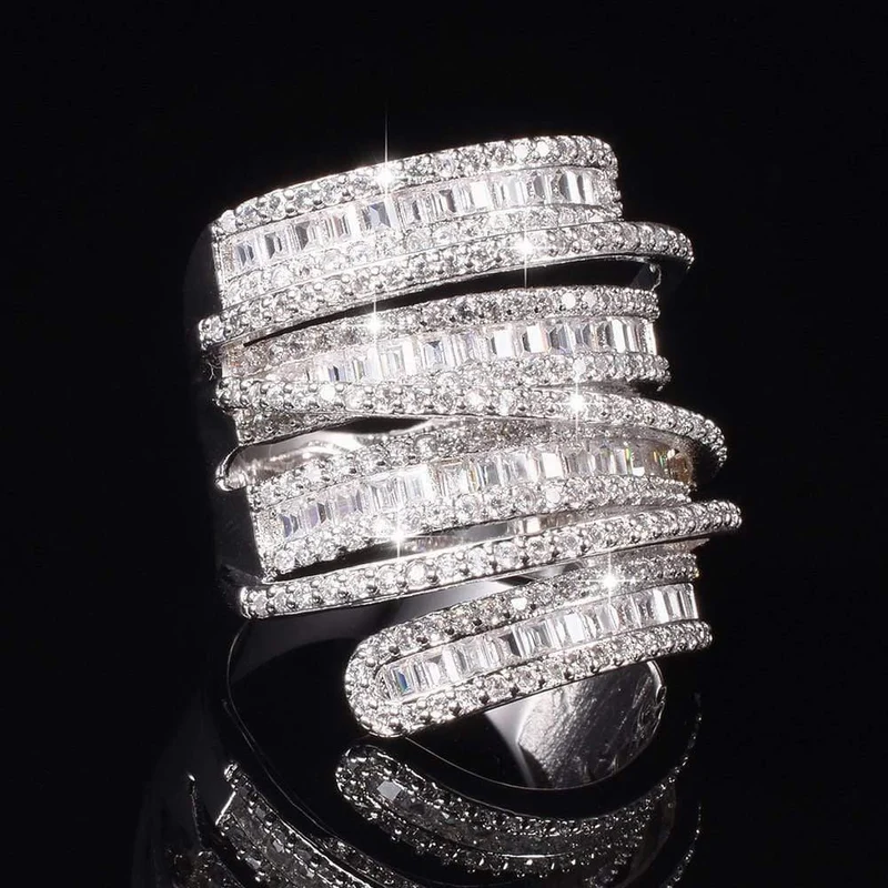 Quadratischer T-Ring mit simuliertem Diamant-Edelstein, Schmuck für Damen, S925-Sterlingsilber, Cocktail-Bandringe, Größe 5–10