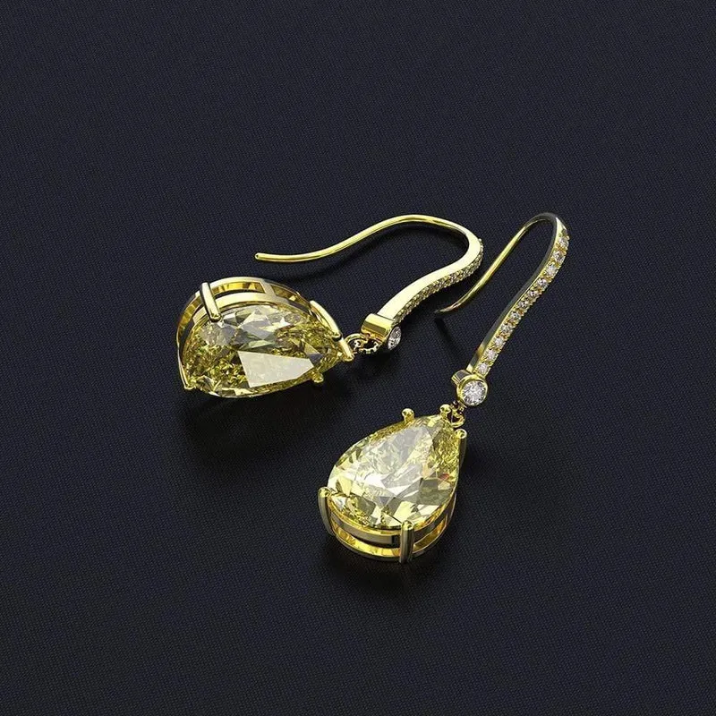 Ohrringe aus massivem 925er-Sterlingsilber, Birnen-Citrin-Edelstein, baumelnde Diamanten, Gelbgold, edler Schmuck im Großhandel