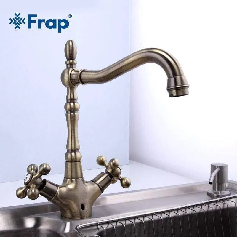 Küchenarmaturen Antike Messing Waschbecken Wasserhahn Auslauf Doppelkreuzgriff 360 Grad Swivel Bad Waschbecken Mischbatterie F4019-4