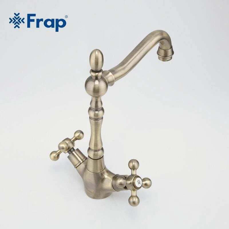 Küchenarmaturen Antike Messing Waschbecken Wasserhahn Auslauf Doppelkreuzgriff 360 Grad Swivel Bad Waschbecken Mischbatterie F4019-4