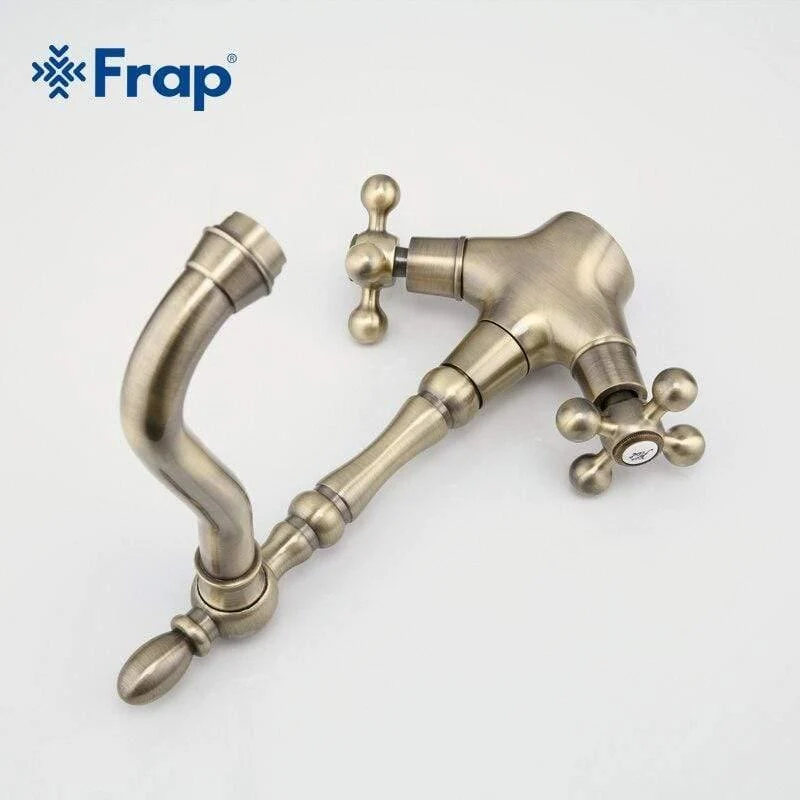 Küchenarmaturen Antike Messing Waschbecken Wasserhahn Auslauf Doppelkreuzgriff 360 Grad Swivel Bad Waschbecken Mischbatterie F4019-4