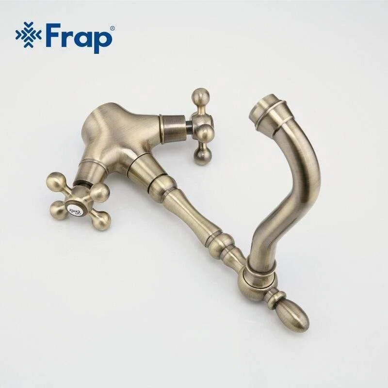 Küchenarmaturen Antike Messing Waschbecken Wasserhahn Auslauf Doppelkreuzgriff 360 Grad Swivel Bad Waschbecken Mischbatterie F4019-4