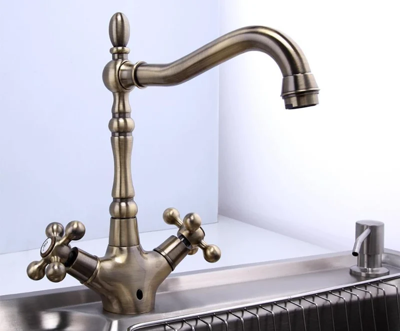 Küchenarmaturen Antike Messing Waschbecken Wasserhahn Auslauf Doppelkreuzgriff 360 Grad Swivel Bad Waschbecken Mischbatterie F4019-4