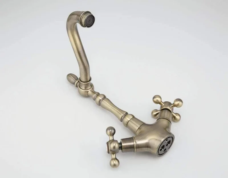 Küchenarmaturen Antike Messing Waschbecken Wasserhahn Auslauf Doppelkreuzgriff 360 Grad Swivel Bad Waschbecken Mischbatterie F4019-4