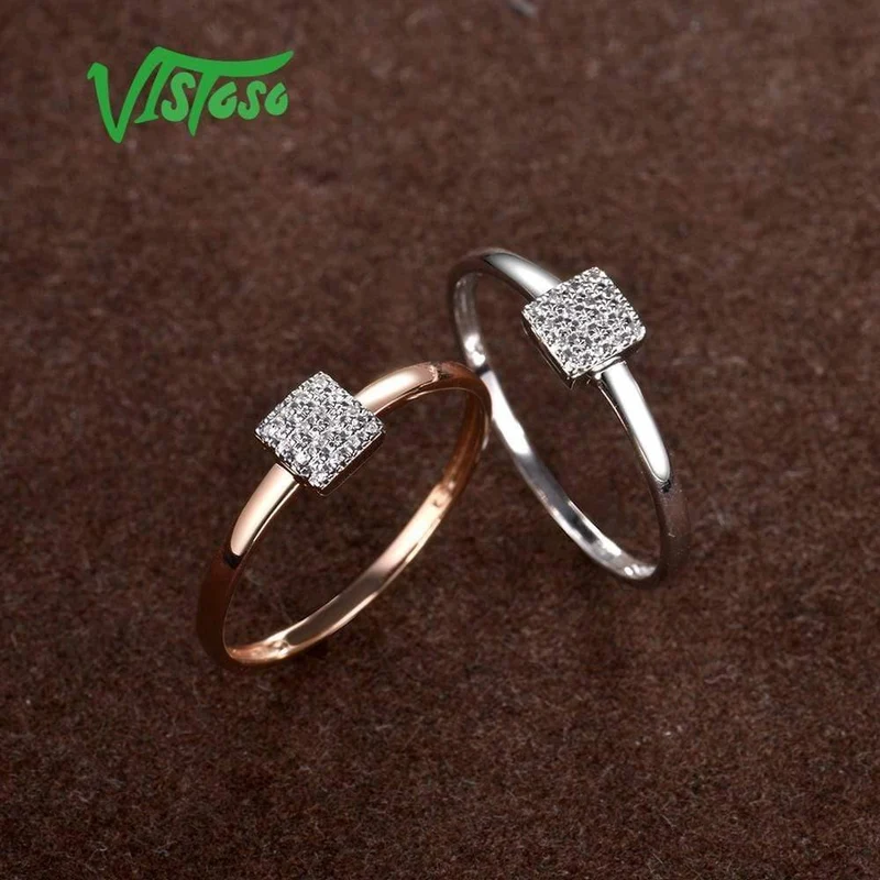 Zarter quadratischer Ring aus 14 Karat 585er Roségold mit funkelndem Diamant für Damen, Jahrestag, Verlobung, trendiger feiner Schmuck