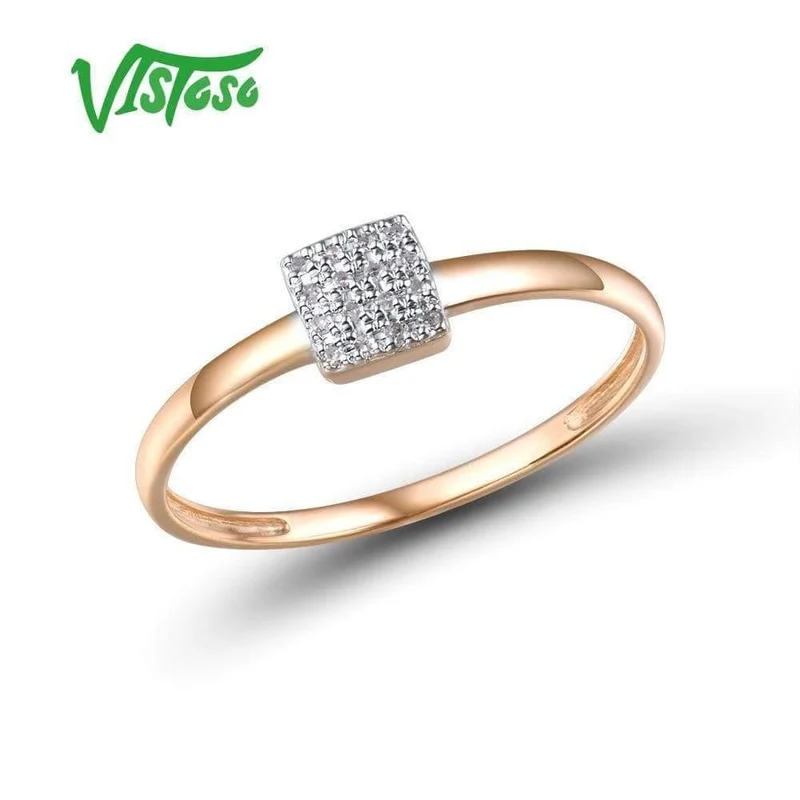 Zarter quadratischer Ring aus 14 Karat 585er Roségold mit funkelndem Diamant für Damen, Jahrestag, Verlobung, trendiger feiner Schmuck