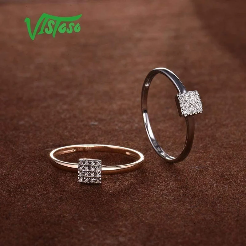 Zarter quadratischer Ring aus 14 Karat 585er Roségold mit funkelndem Diamant für Damen, Jahrestag, Verlobung, trendiger feiner Schmuck