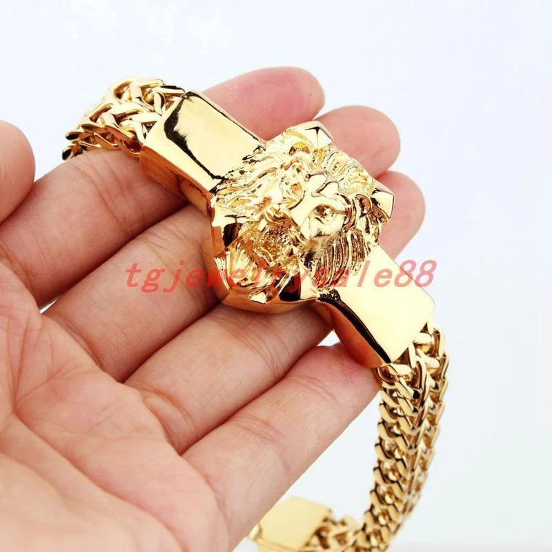Goldene Figaro-Rolo-Kette mit Löwenkopf-Armband aus Edelstahl, modischer Herren-Manschettenschmuck, 15 mm * 8.66 Zoll