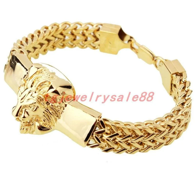Goldene Figaro-Rolo-Kette mit Löwenkopf-Armband aus Edelstahl, modischer Herren-Manschettenschmuck, 15 mm * 8.66 Zoll