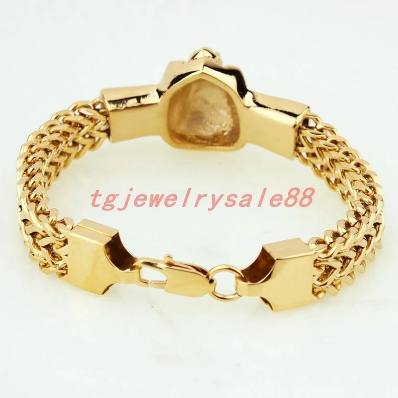 Goldene Figaro-Rolo-Kette mit Löwenkopf-Armband aus Edelstahl, modischer Herren-Manschettenschmuck, 15 mm * 8.66 Zoll