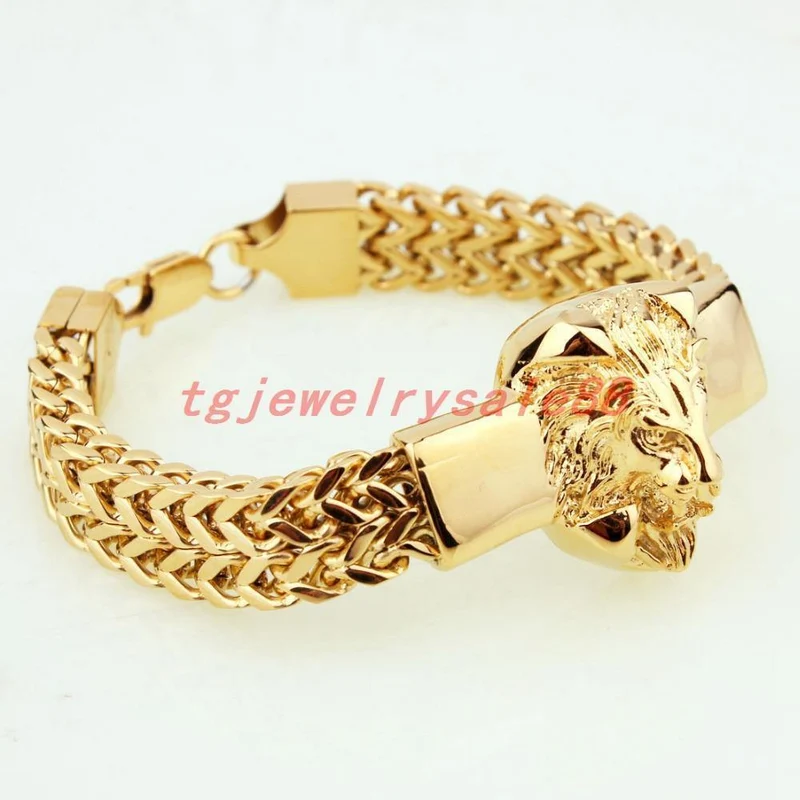 Goldene Figaro-Rolo-Kette mit Löwenkopf-Armband aus Edelstahl, modischer Herren-Manschettenschmuck, 15 mm * 8.66 Zoll
