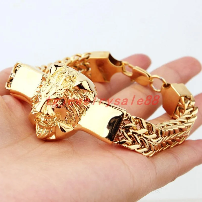 Goldene Figaro-Rolo-Kette mit Löwenkopf-Armband aus Edelstahl, modischer Herren-Manschettenschmuck, 15 mm * 8.66 Zoll