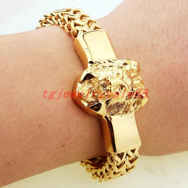 Goldene Figaro-Rolo-Kette mit Löwenkopf-Armband aus Edelstahl, modischer Herren-Manschettenschmuck, 15 mm * 8.66 Zoll