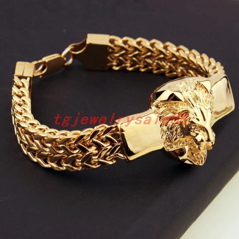 Goldene Figaro-Rolo-Kette mit Löwenkopf-Armband aus Edelstahl, modischer Herren-Manschettenschmuck, 15 mm * 8.66 Zoll