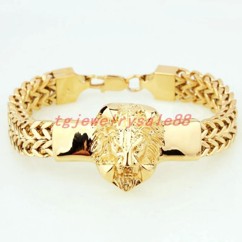 Goldene Figaro-Rolo-Kette mit Löwenkopf-Armband aus Edelstahl, modischer Herren-Manschettenschmuck, 15 mm * 8.66 Zoll