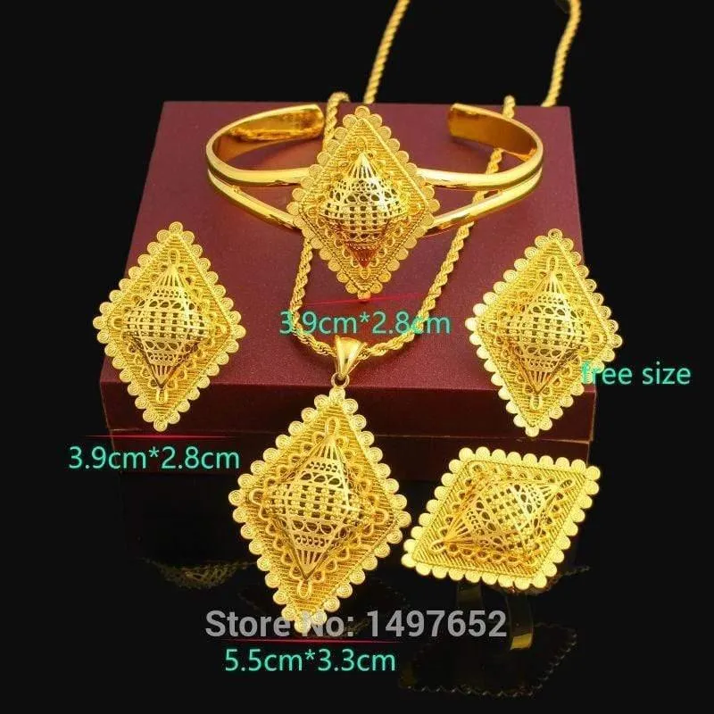 Schmuck Set 24K Gold Farbe Halskette / Anhänger / Ohrring / Ring / Armreif afrikanische Braut Hochzeit Set
