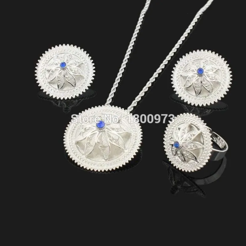Anhänger/Ohrringe/Ring/Halskette Schmuck Versilbert Habesha Schmuck Afrikanischer 4-teiliges Hochzeitsschmuck-Set