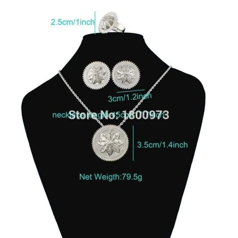 Anhänger/Ohrringe/Ring/Halskette Schmuck Versilbert Habesha Schmuck Afrikanischer 4-teiliges Hochzeitsschmuck-Set