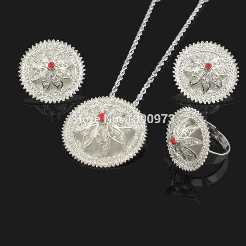 Anhänger/Ohrringe/Ring/Halskette Schmuck Versilbert Habesha Schmuck Afrikanischer 4-teiliges Hochzeitsschmuck-Set