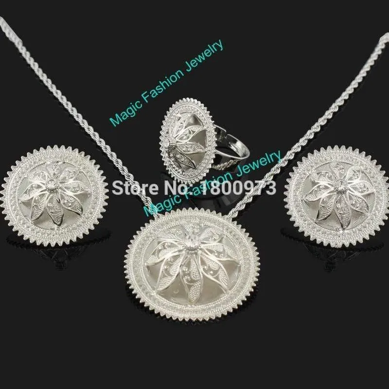 Anhänger/Ohrringe/Ring/Halskette Schmuck Versilbert Habesha Schmuck Afrikanischer 4-teiliges Hochzeitsschmuck-Set