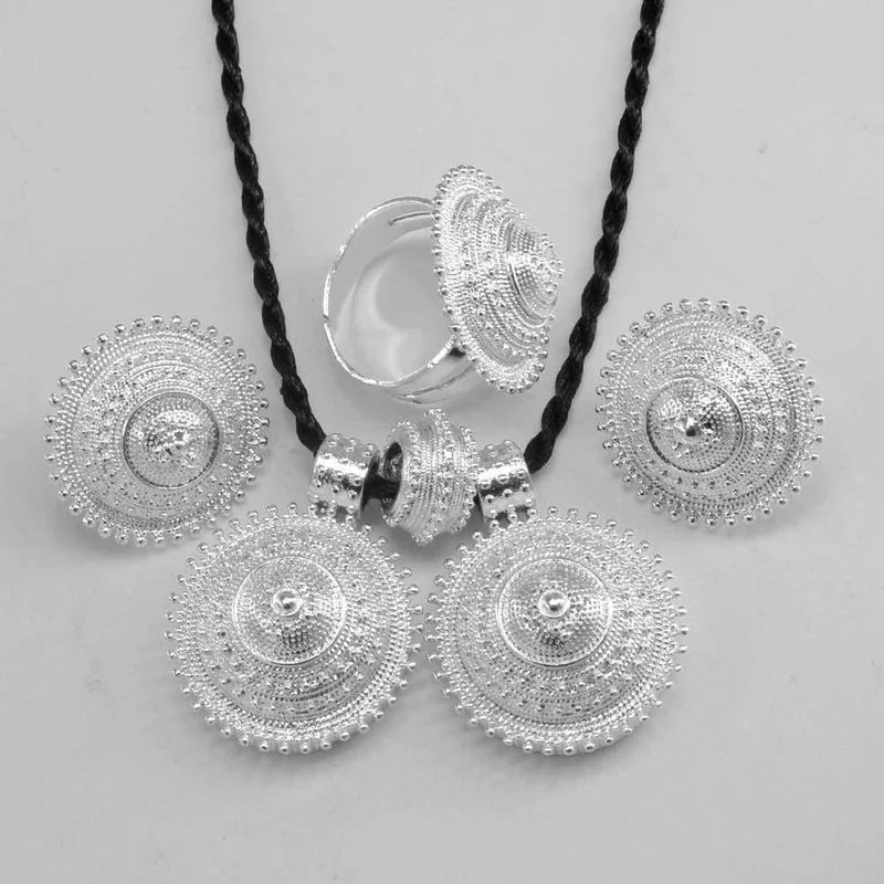 Schmuck Anhänger Seil Ohrring Ring Helle Silberfarbe Eritrea Afrika Hochzeitssets Habesha #056206