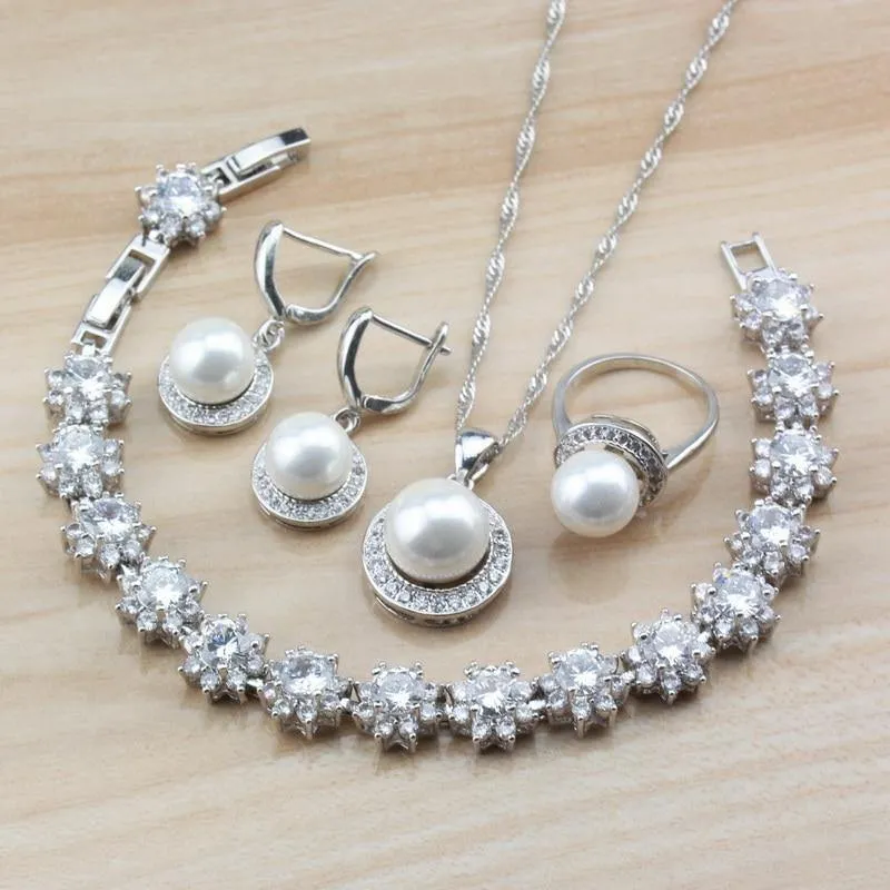 Hochzeit Braut Kostüm 925 Silber Schmuck Sets mit natürlichen Süßwasser Perle weißen Stein CZ für Frauen Sets