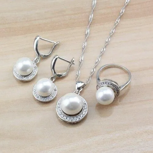 Hochzeit Braut Kostüm 925 Silber Schmuck Sets mit natürlichen Süßwasser Perle weißen Stein CZ für Frauen Sets
