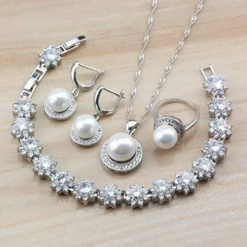 Hochzeit Braut Kostüm 925 Silber Schmuck Sets mit natürlichen Süßwasser Perle weißen Stein CZ für Frauen Sets