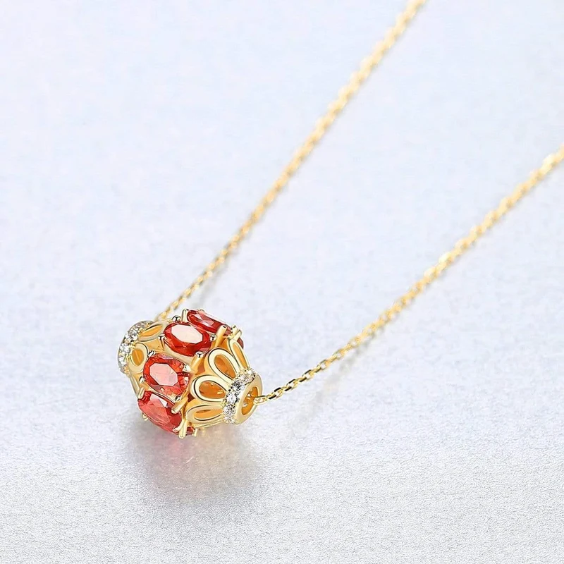 925 Sterling Silber Rubin Edelstein Diamanten Gelbgold Anhänger Halskette Schmuck Großhandel Drop Shipping