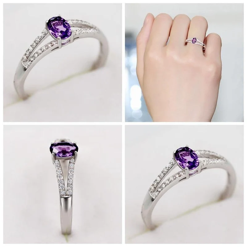925 Sterling Silber natürliche Amethyst Steine ​​Edelstein Diamant Schmuck Damen weibliche Eheringe mit Box CJ037